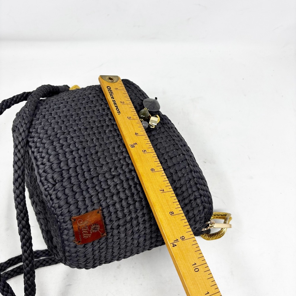Saeli Handmade Crochet Bucket Bag Charcoal Gray Drawstring Satin Lined Beaded - Picture 11 of 13